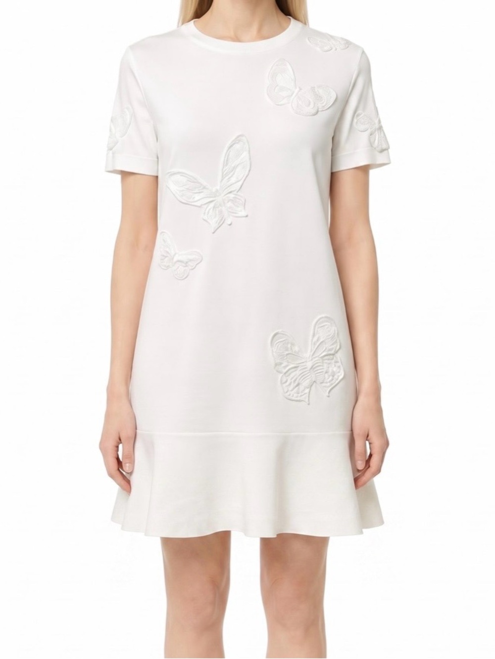 Valentino White Embroidered Beaded Butterfly Short-Sleeve Dress